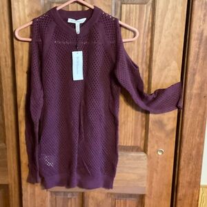 BCBGeneration Plum Open-Knit Cold-Shoulder Sweater